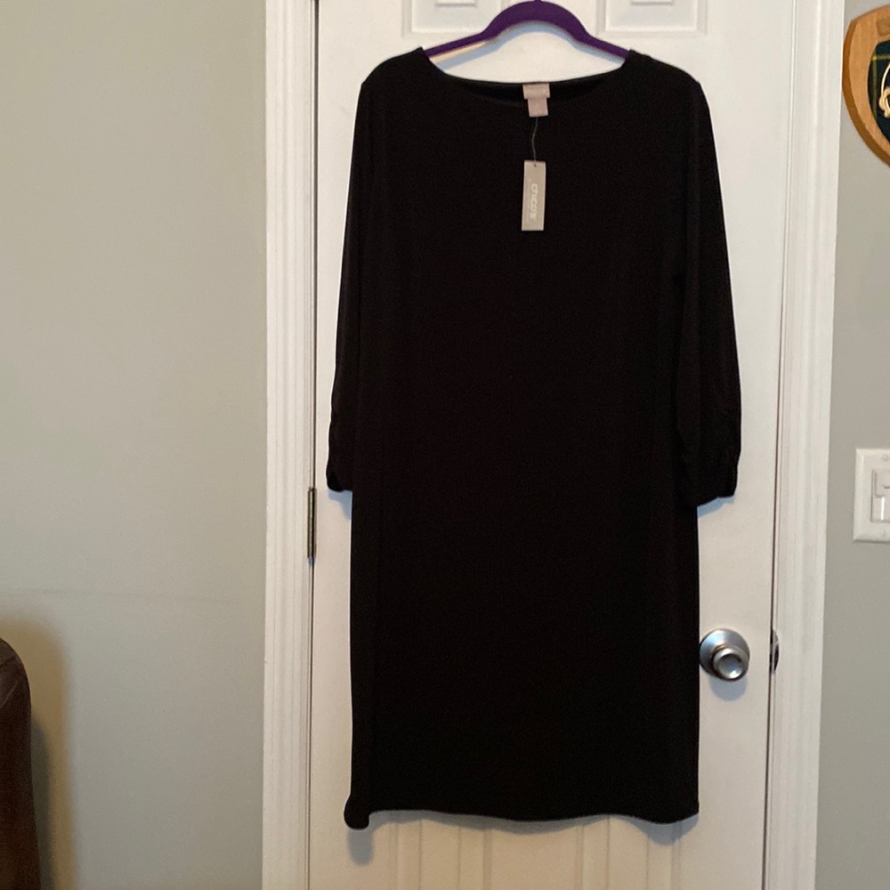 Chicos black Sheath dress in size 2 solid black rushed sleeve NWT
